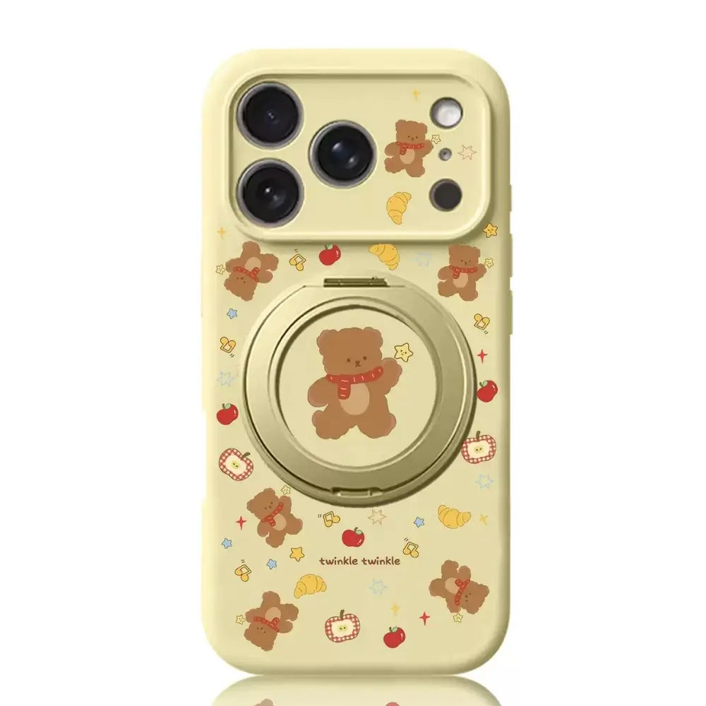 Cute doodle kawaii bear iPhone case for girls in yellow with ring holder front view