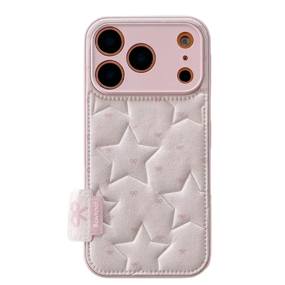 Cute quilted protective iPhone case pink faux leather star detail