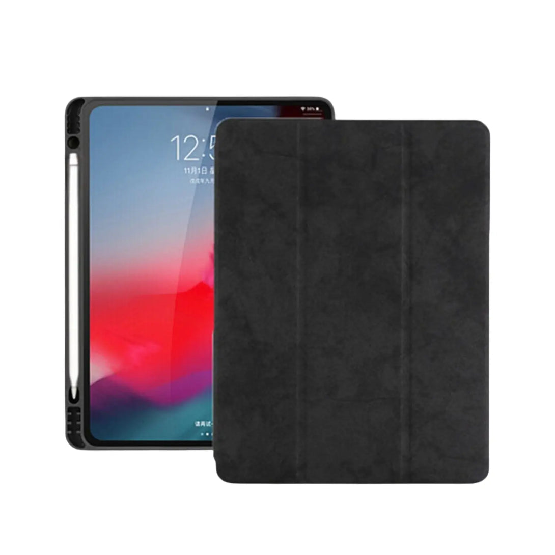 Black faux leather iPad case shown front and back with slim trifold cover and pencil cutout