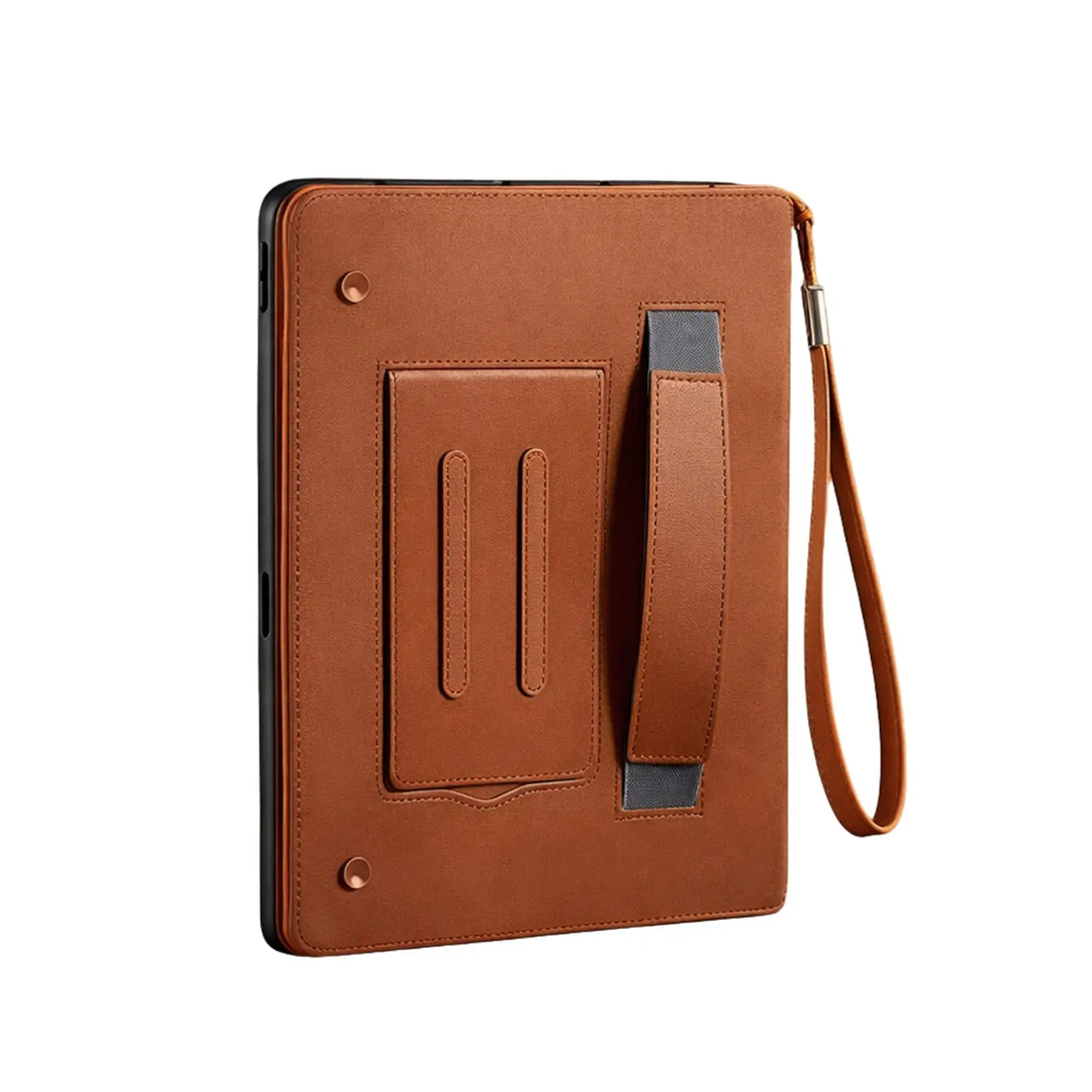 Brown faux leather iPad case with hand strap and fold-out stand panel, back view
