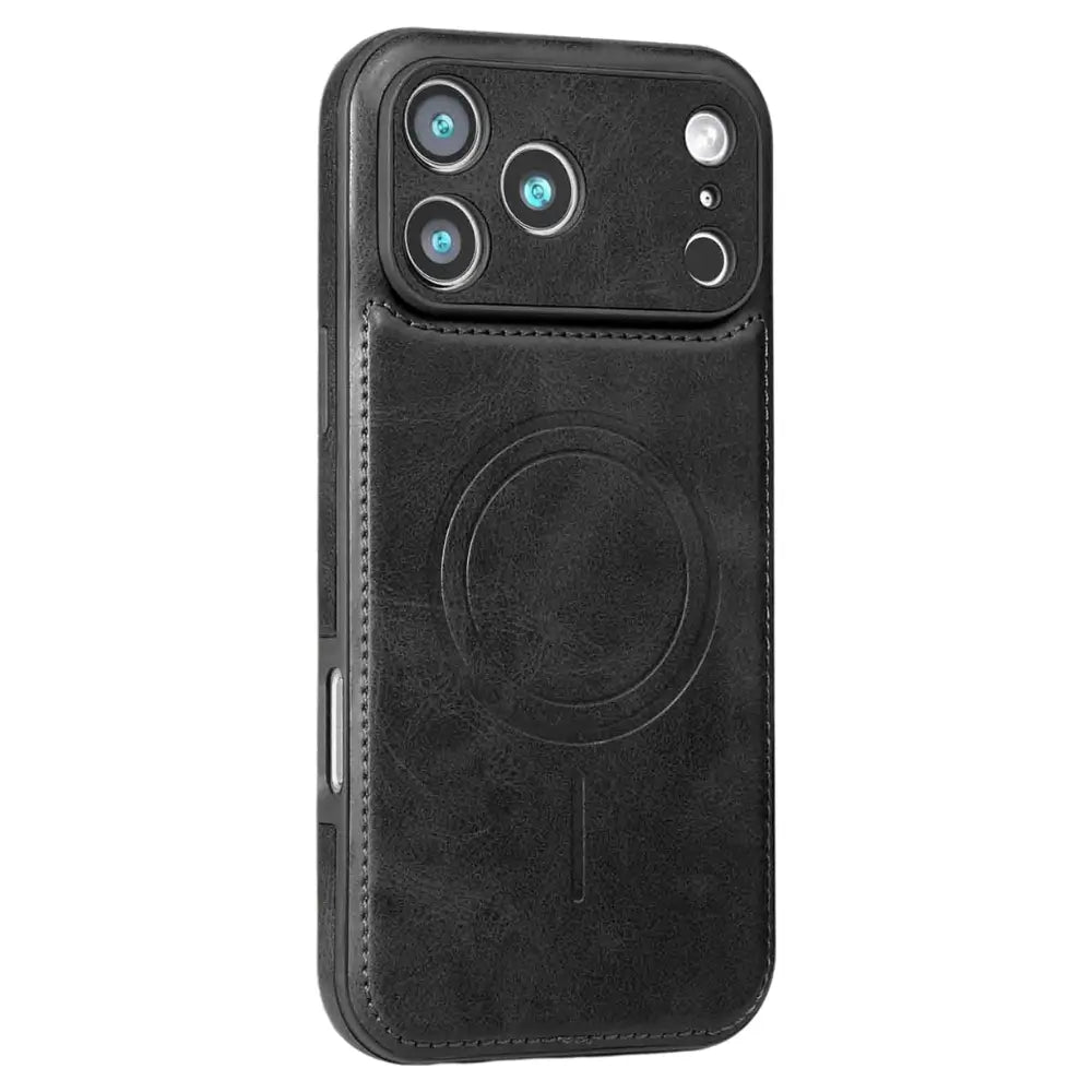 Faux leather iPhone case in black with stitched panel and magnetic ring