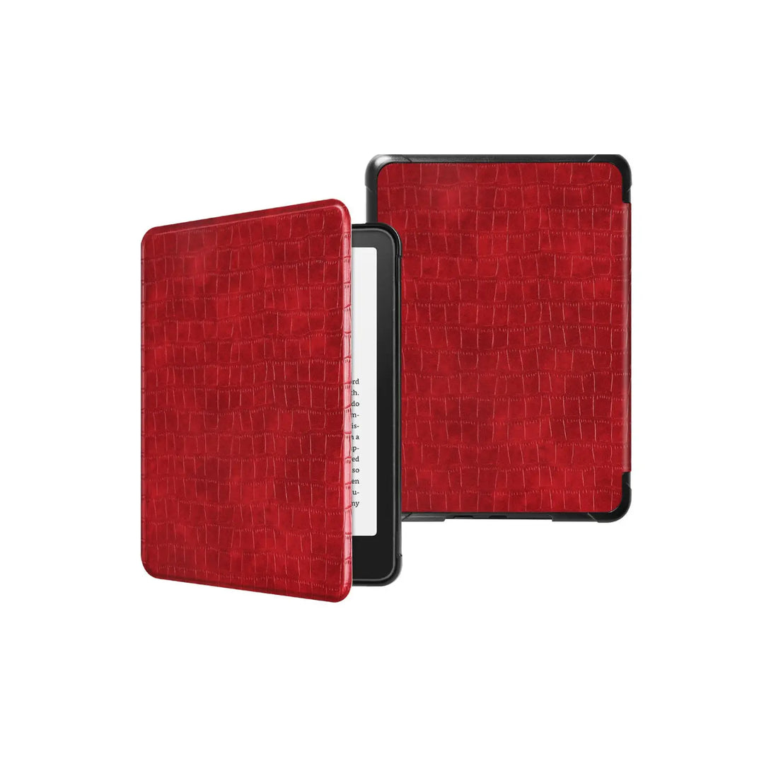 Faux leather Kindle Paperwhite case in red showing croc embossed front and back panels
