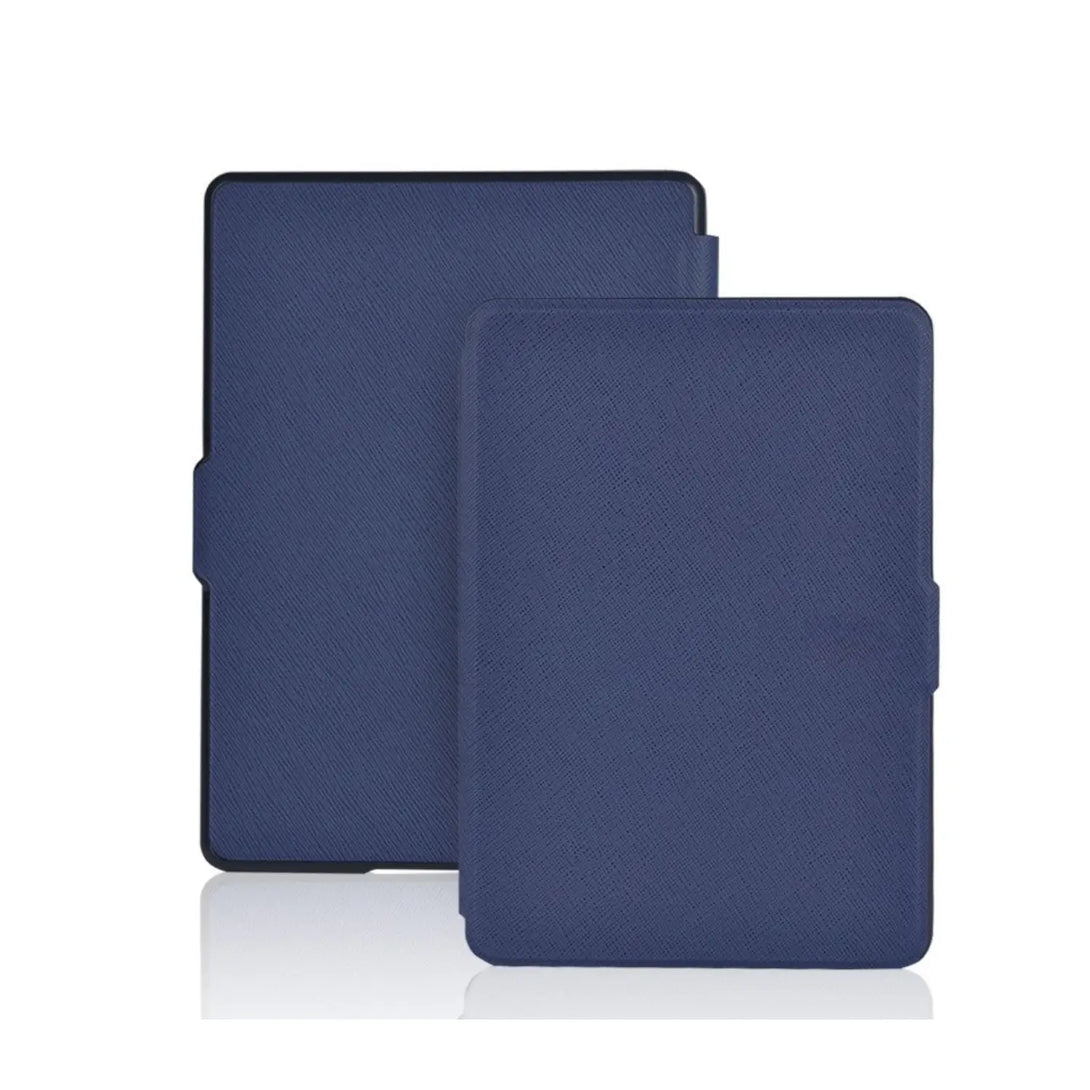 Faux leather saffiano kindle case in blue showing front and back panels with cross-hatch texture