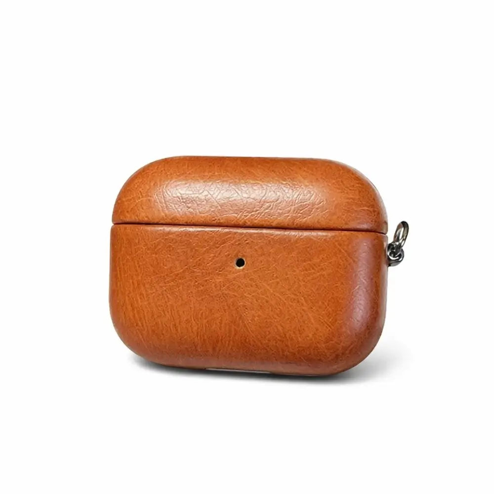 Genuine leather AirPods case in brown, front view showing natural grain texture