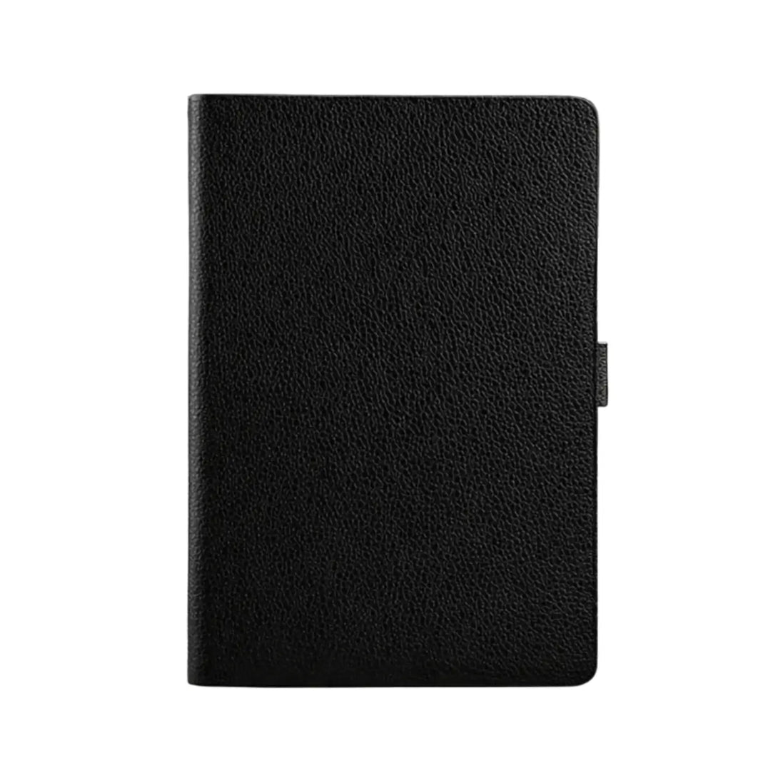 Genuine leather iPad case in black, front folio cover flat, showing pebbled grain exterior