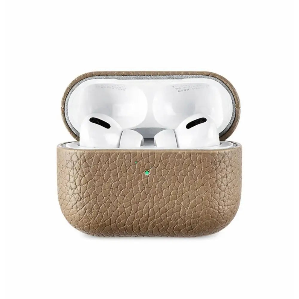 Gray genuine leather AirPods case open with AirPods inside, pebbled cowhide grain visible