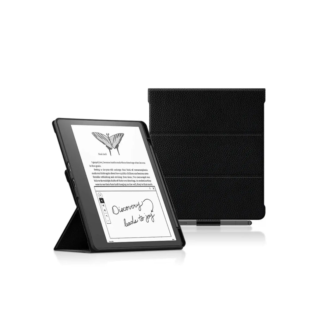 Genuine leather Kindle Scribe case in black showing closed folio and fold-out stand angle