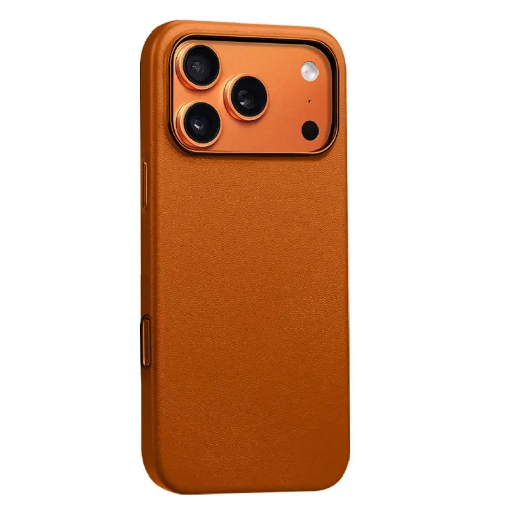 Genuine leather magnetic iPhone case in orange with tone-matched camera surround