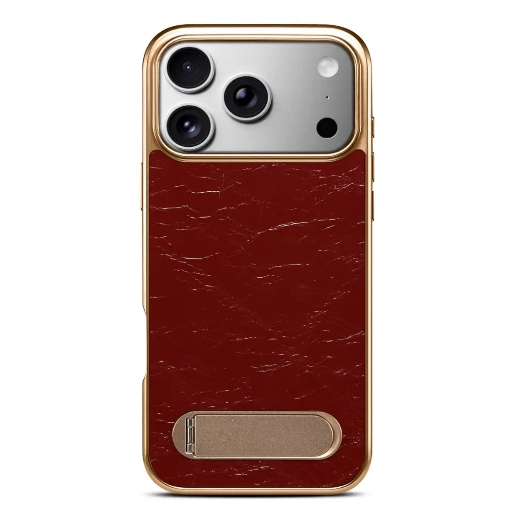 Red genuine leather phone case slim profile gold chrome frame, crinkle leather back, kickstand flush