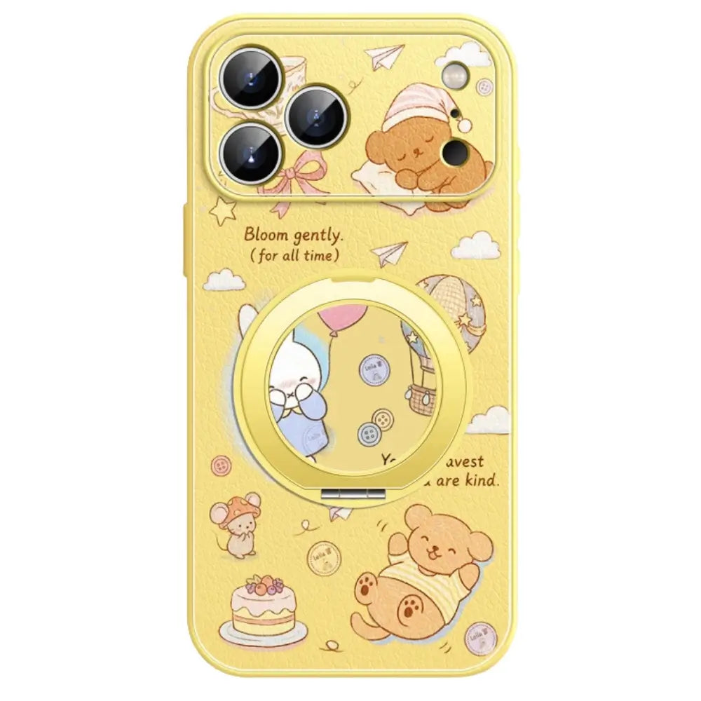 Yellow girly iPhone case with built-in kickstand ring folded flat