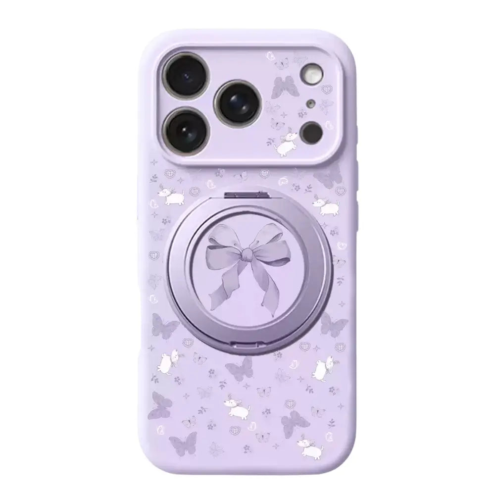 Girly ring holder butterfly iPhone case in purple showing full bow and animal pattern