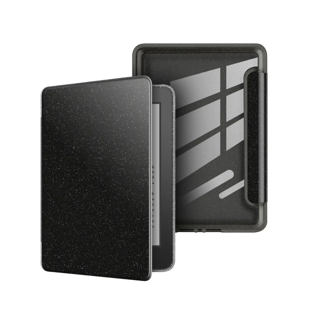 Glitter folio Kindle case in Glitter Black showing front cover and clear acrylic back shell on white background