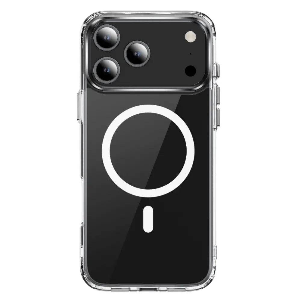 Glossy clear iPhone case back view showing magnetic alignment ring on acrylic