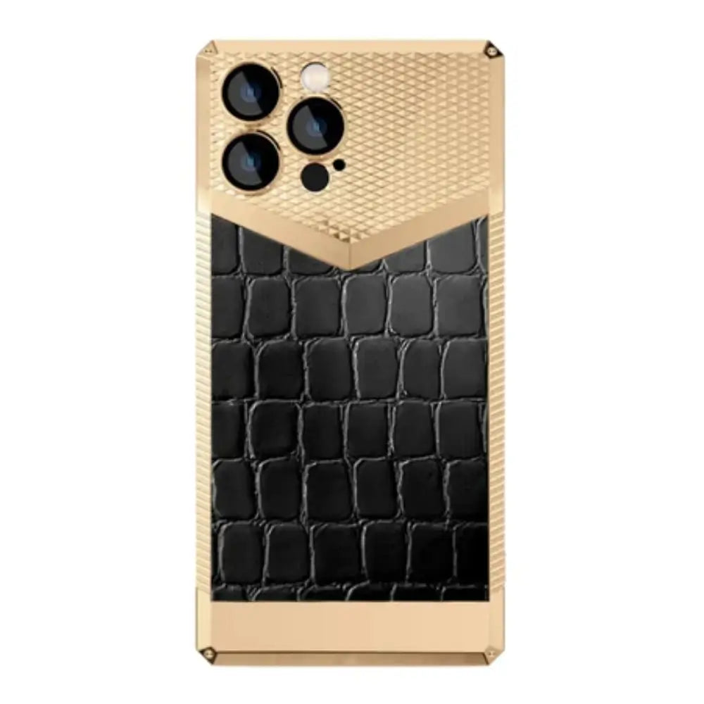 Leather iPhone case with gold top and black textured bottom on a white background