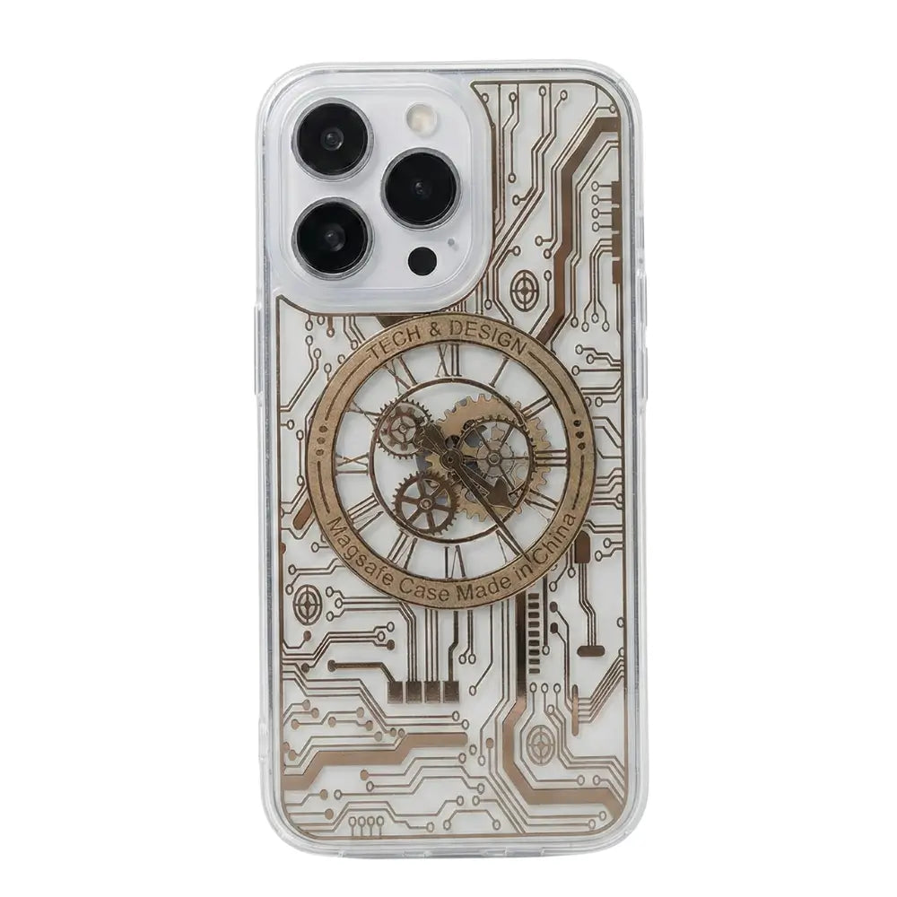 A clear iPhone case featuring a gold mechanical clockwork and circuit board pattern design.