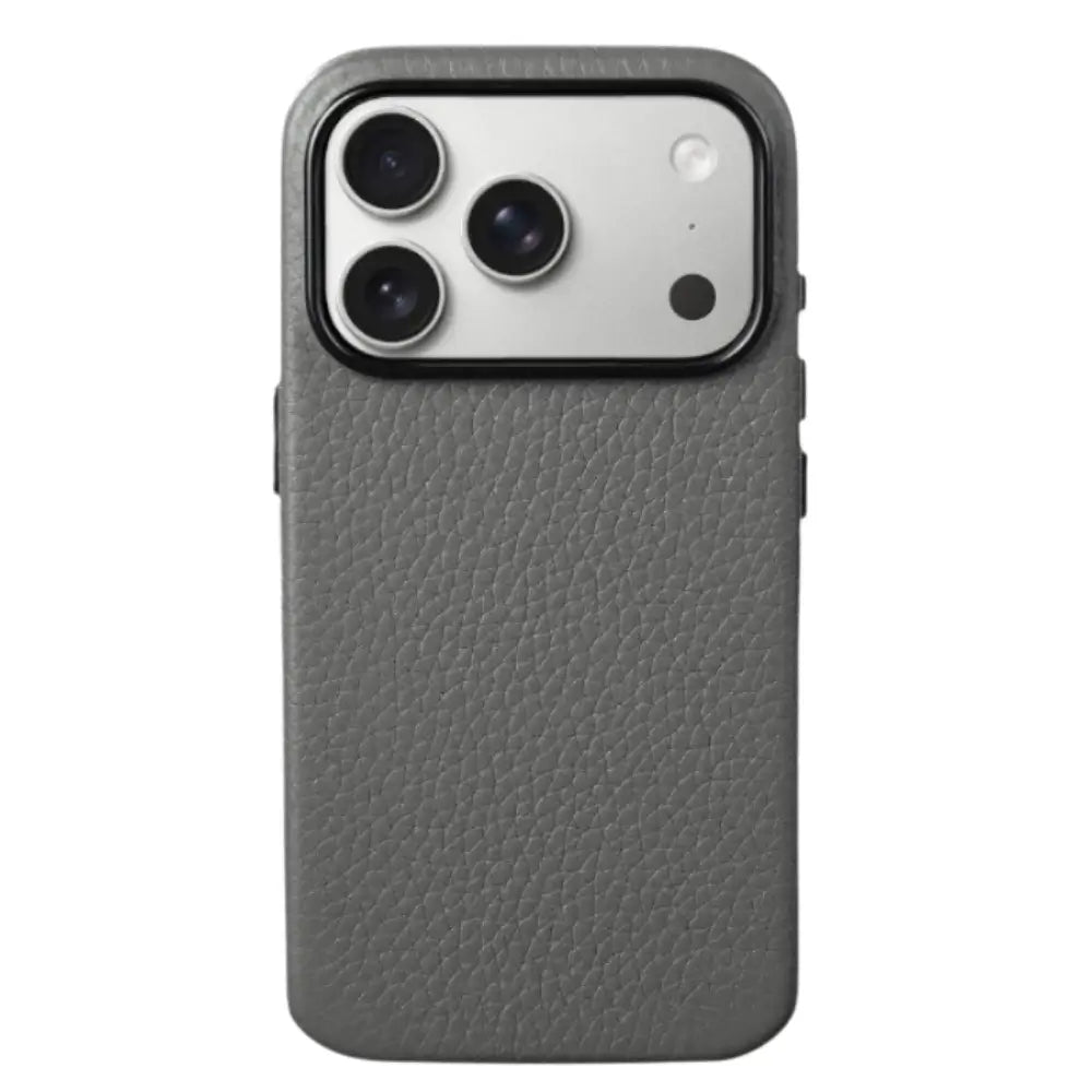 Gray leather textured phone case with metal buttons full back view pebbled finish