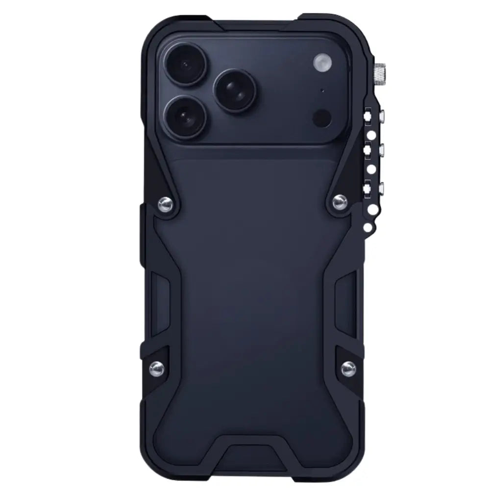 Heavy duty aluminum bumper iPhone case in black with industrial screw frame