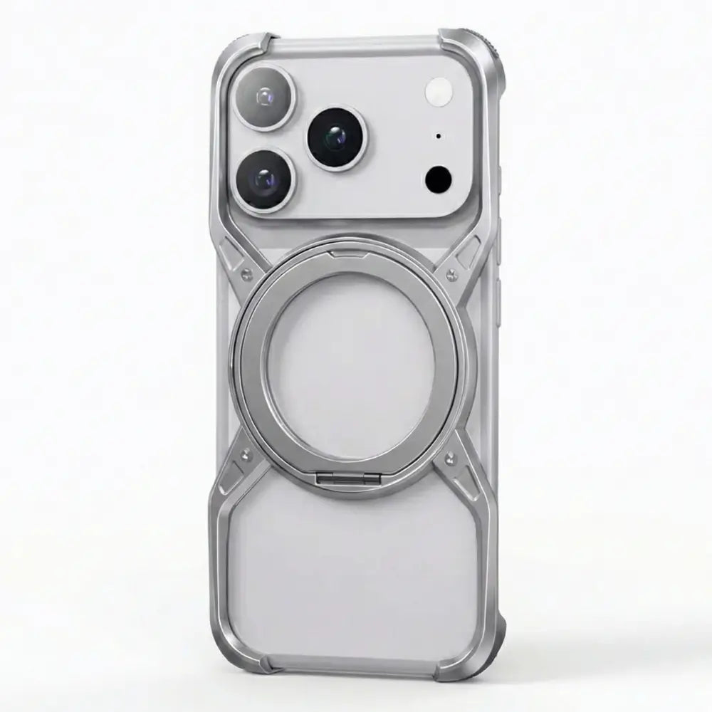 Impact-resistant metal bumper frame phone case in silver showing aluminum ring holder flat back