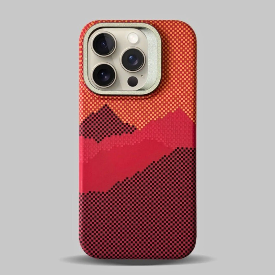 iPhone case with tri color geometric pattern design on a gray background