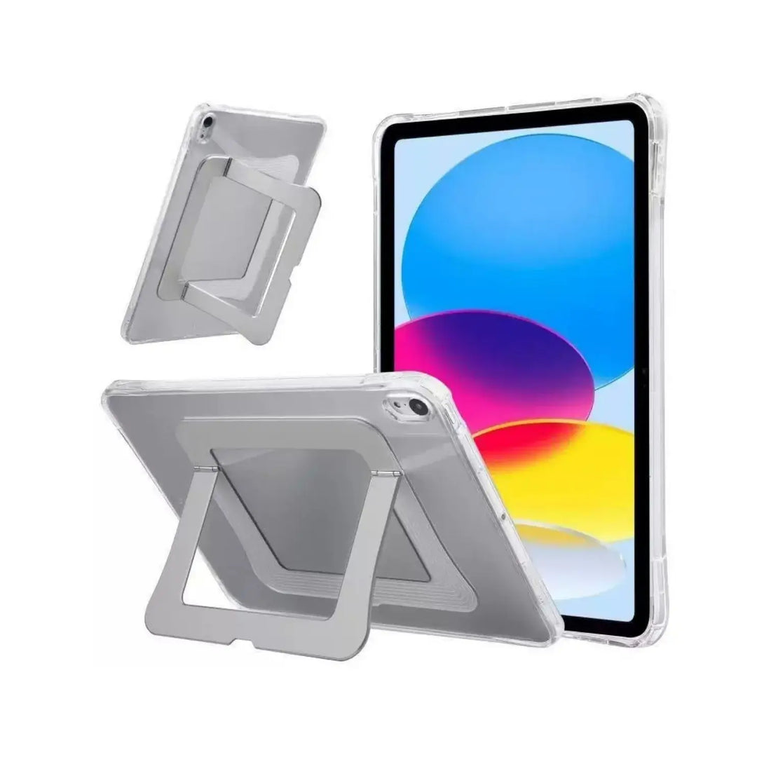 Clear kickstand iPad case with aluminum alloy stand folded out, beside the iPad front screen