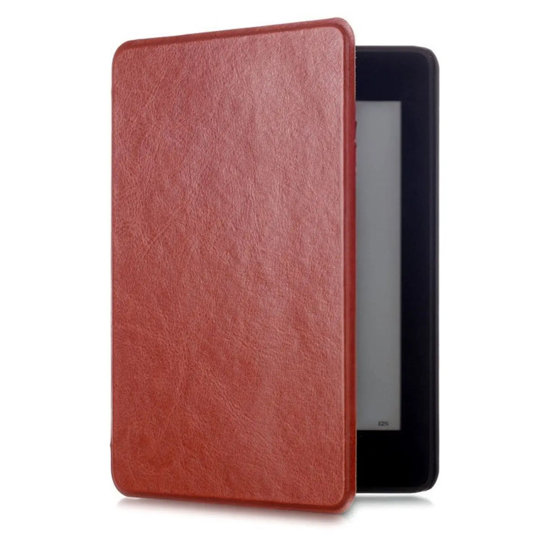 Brown Kindle Paperwhite 11th Gen hand strap case, flip closed side angle view