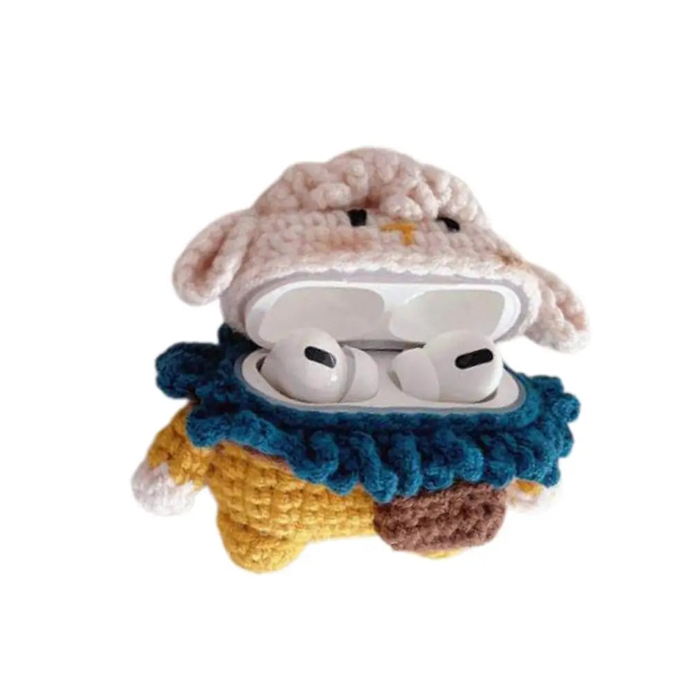 Knitted sheep AirPods case open with earbuds inside, fluffy white head lid and yellow knit body
