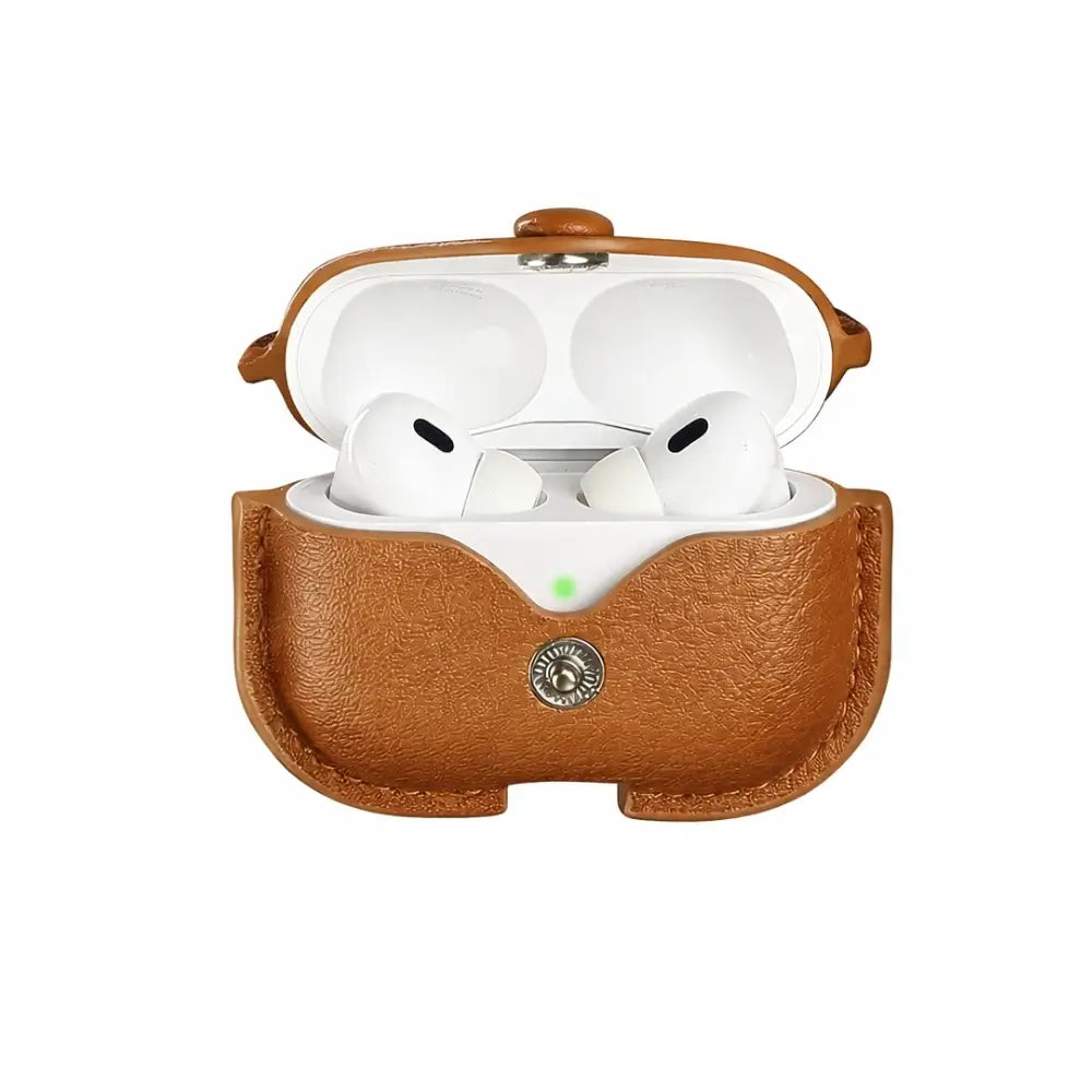 Brown genuine leather AirPods case with strap, lid open showing earbuds and front snap button