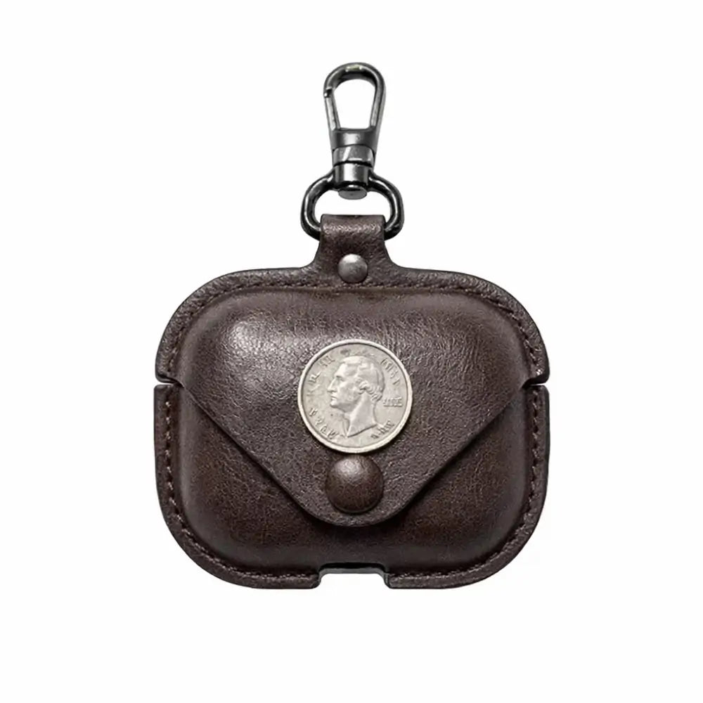 Dark brown leather coin AirPods case with vintage coin snap flap and metal carabiner clip, front view.