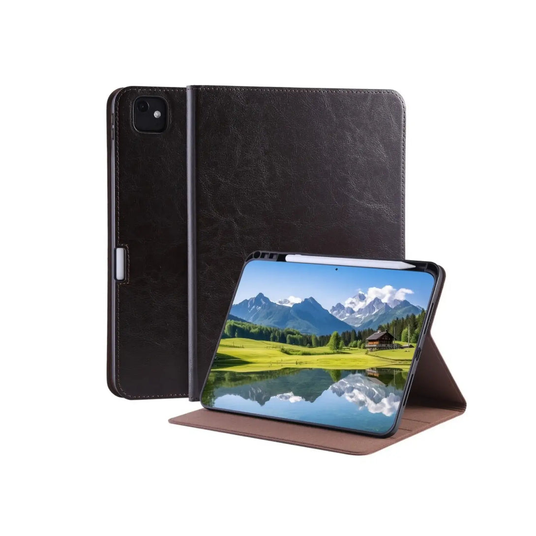 Black leather iPad case with pencil holder, iPad resting on the built-in fold-back stand showing a landscape