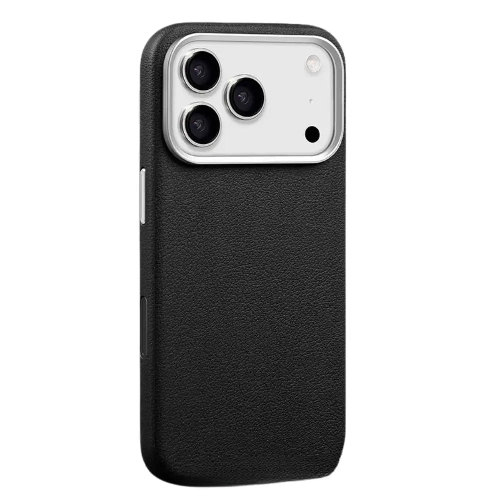 Leather iPhone Pebbled case camera protection metal frame surround raised above back panel