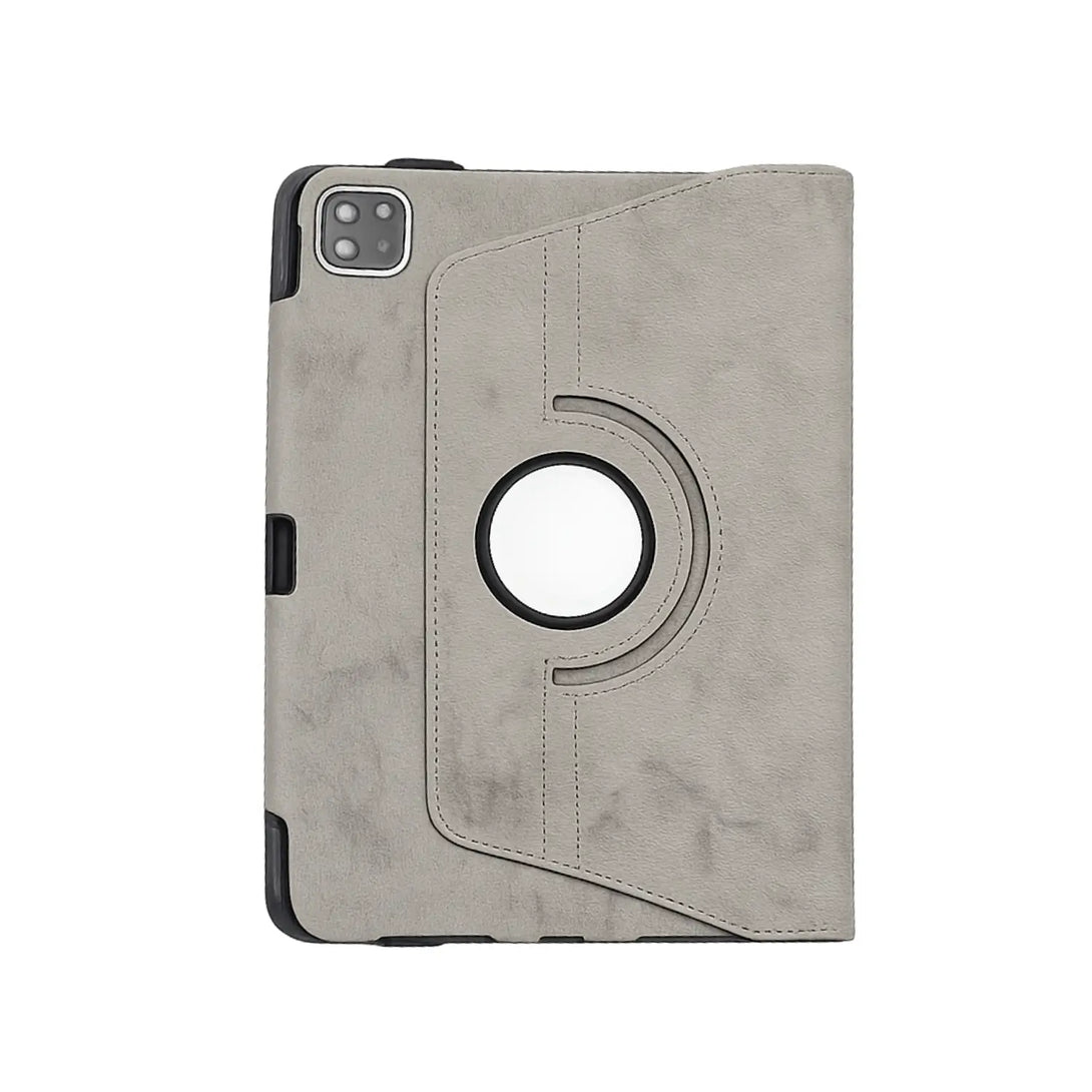 Gray leather-look ipad folio case shown from the back with the rotating ring and camera cutout.