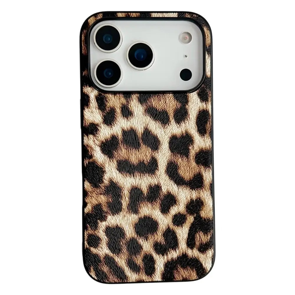 Leopard print protective iPhone case front flat lay on white surface