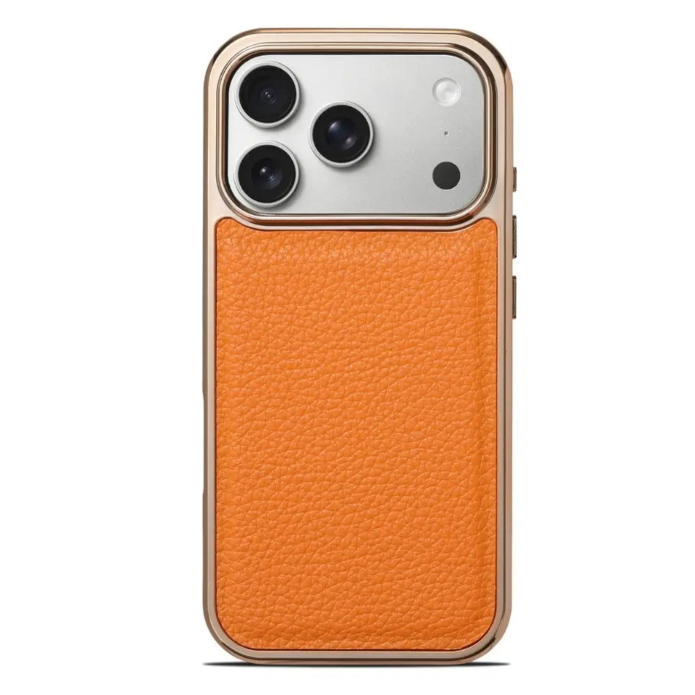 Litchi grain PU leather iPhone case in orange with gold chrome frame