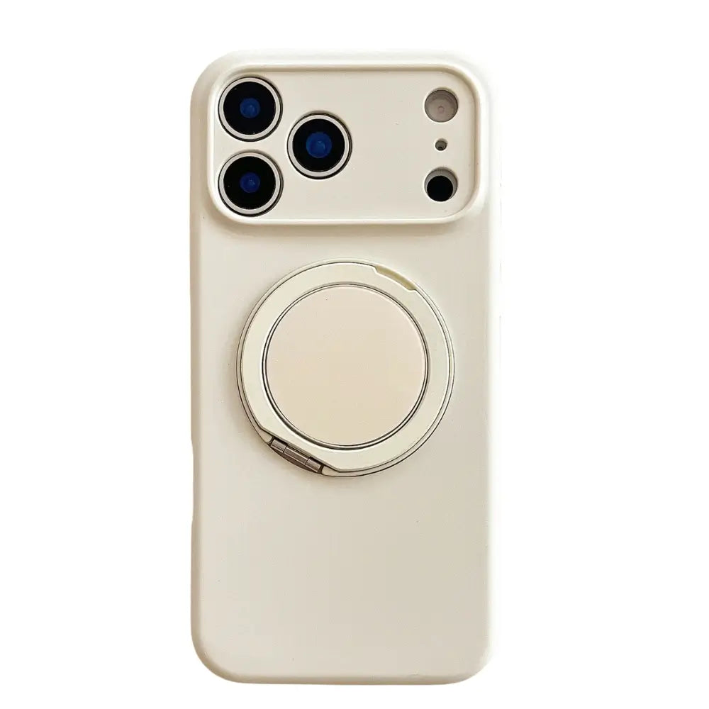 Ivory white magnetic kickstand iPhone case in matte silicone with a built-in metal ring and raised camera protection