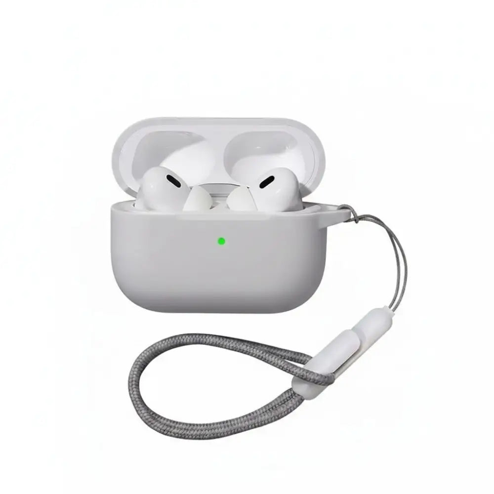 Matte silicone AirPods case in gray with soft-touch finish, shown open with AirPods Pro inside