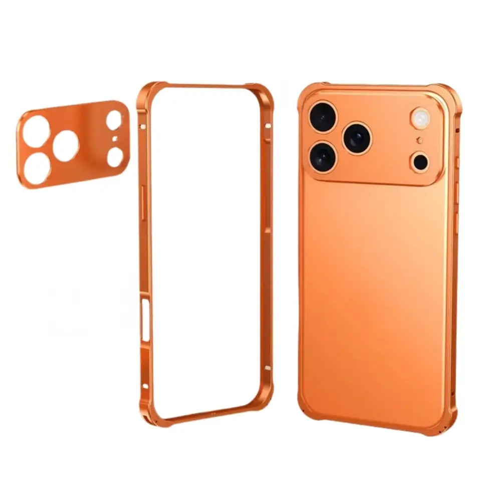 Metal frame case with camera guard in Burnt Orange flat lay showing all components
