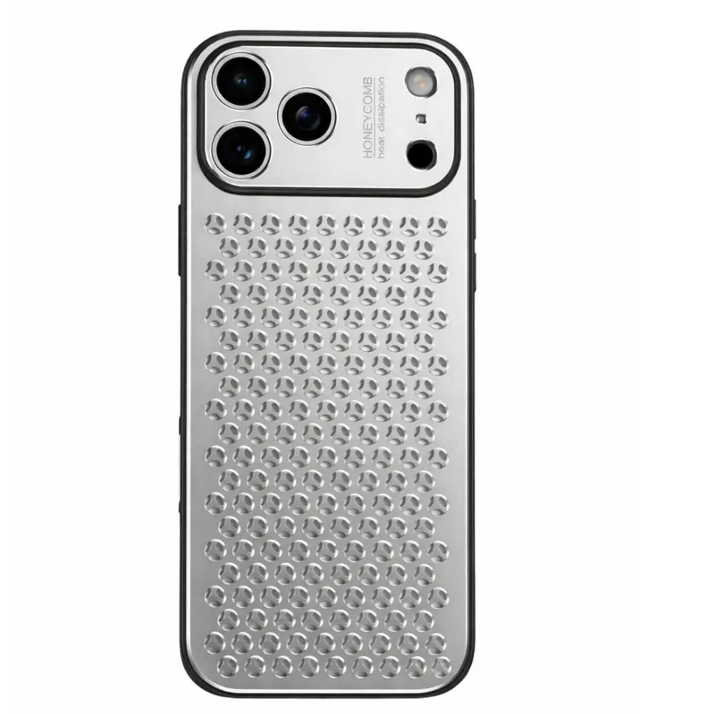 Metal honeycomb iPhone case in silver showing perforated alloy back panel on white background