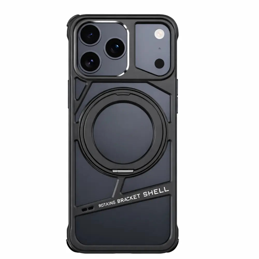 Open frame iPhone case with stand in black showing raised screen bezel
