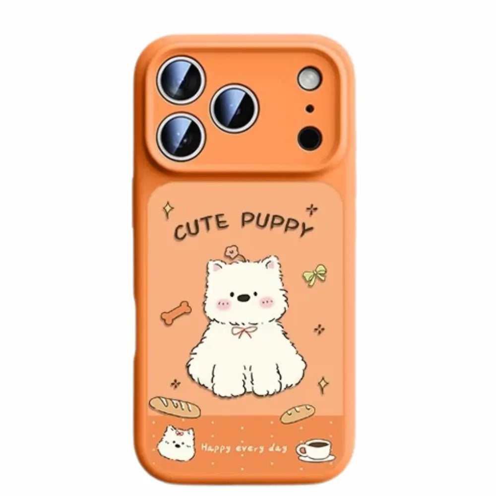Orange puppy phone case front view with cute dog design on white background