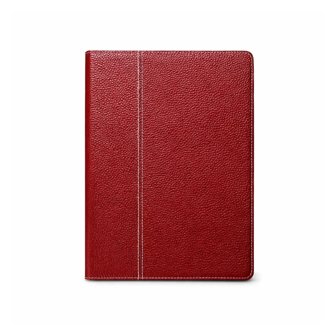 Red pebbled genuine leather iPad case shown front-on with white contrast center stitching