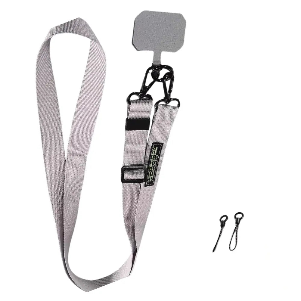 Light silver gray Phone Lanyard Crossbody Strap with black hardware and adapter tab.