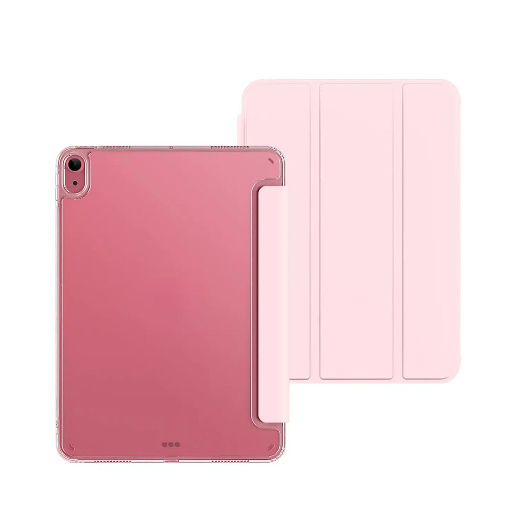 Pink clear iPad case with clear acrylic back and soft trifold folio cover, shown front and back