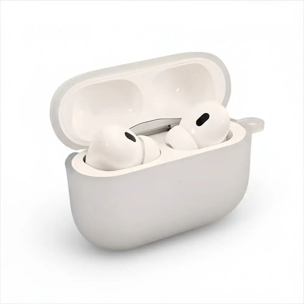 Plain silicone AirPods case open in white showing AirPods Pro inside