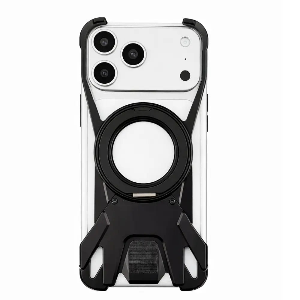Protective metal frame iPhone case in black on white background