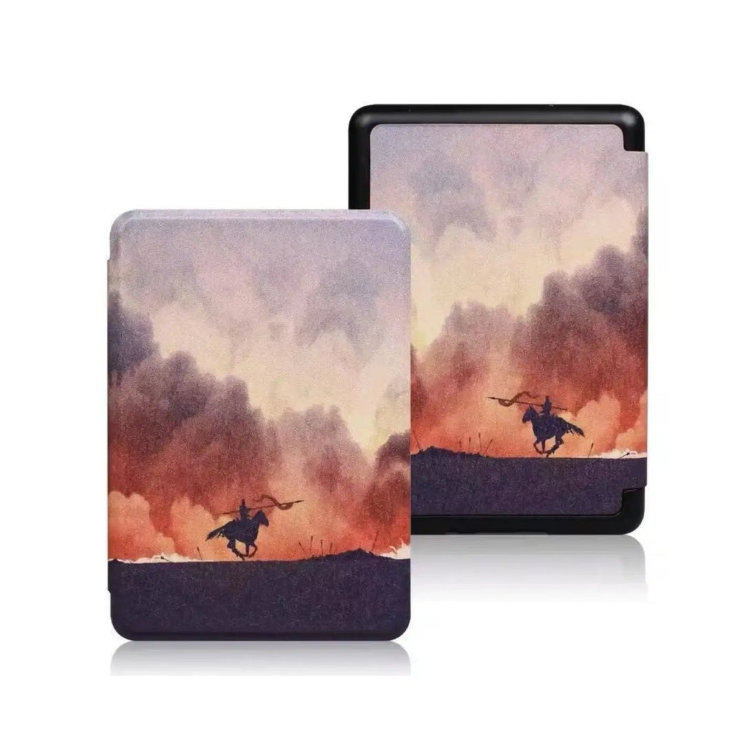PU leather art Kindle case with warrior print design, front and back view slim folio build, textured exterior