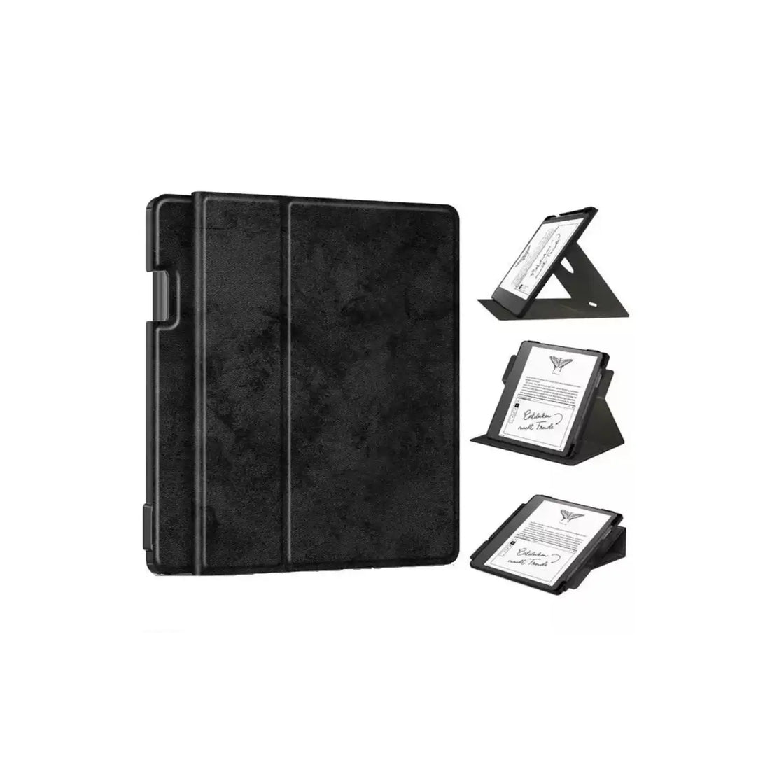 Black PU leather folio stand Kindle Scribe case showing three viewing angle positions