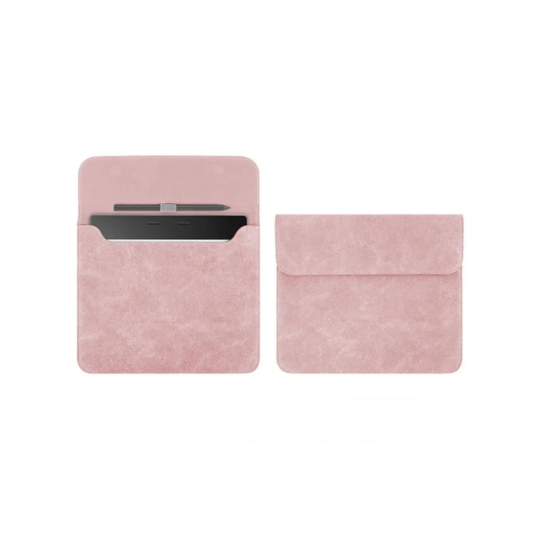 Pink PU leather Kindle Scribe sleeve open and closed showing matte suede exterior and flap