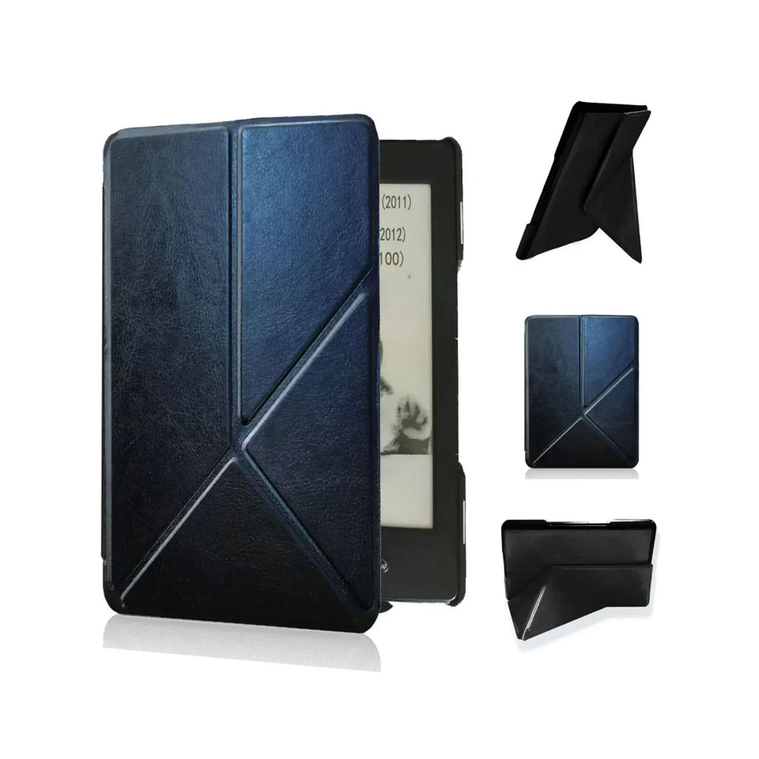 PU leather origami Kindle magnetic flip cover for 4th and 5th Gen in navy and black, front closed view