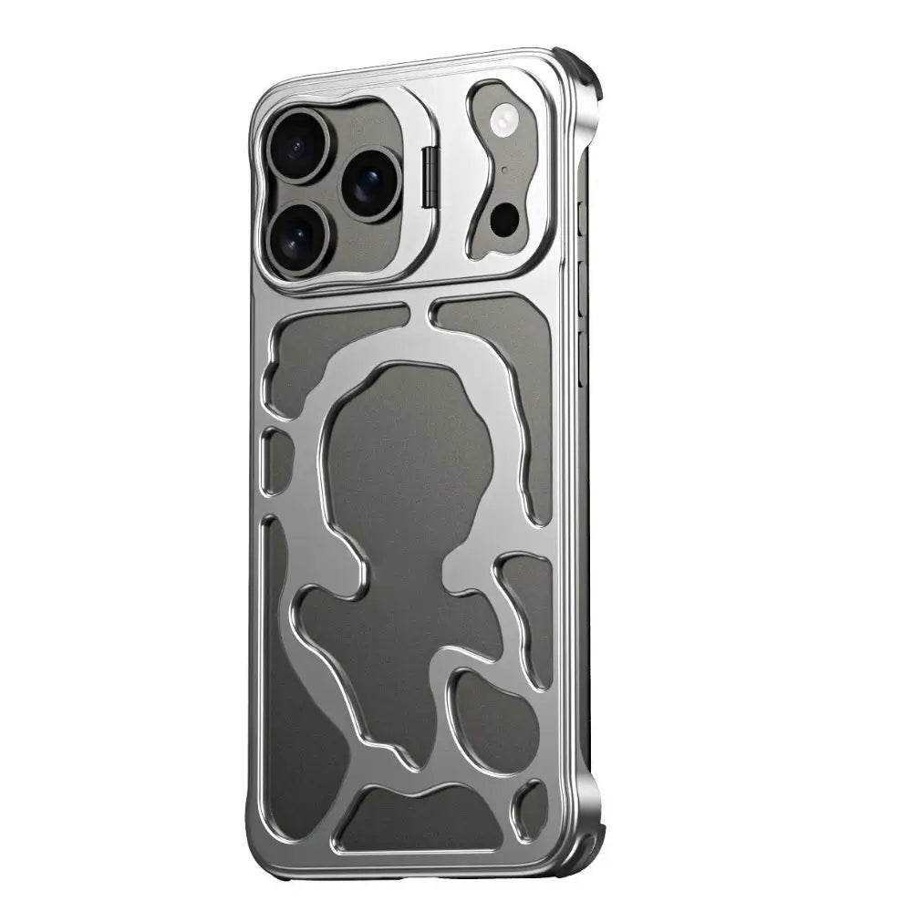Rugged aluminum alloy phone case in silver showing hollow heat dissipation