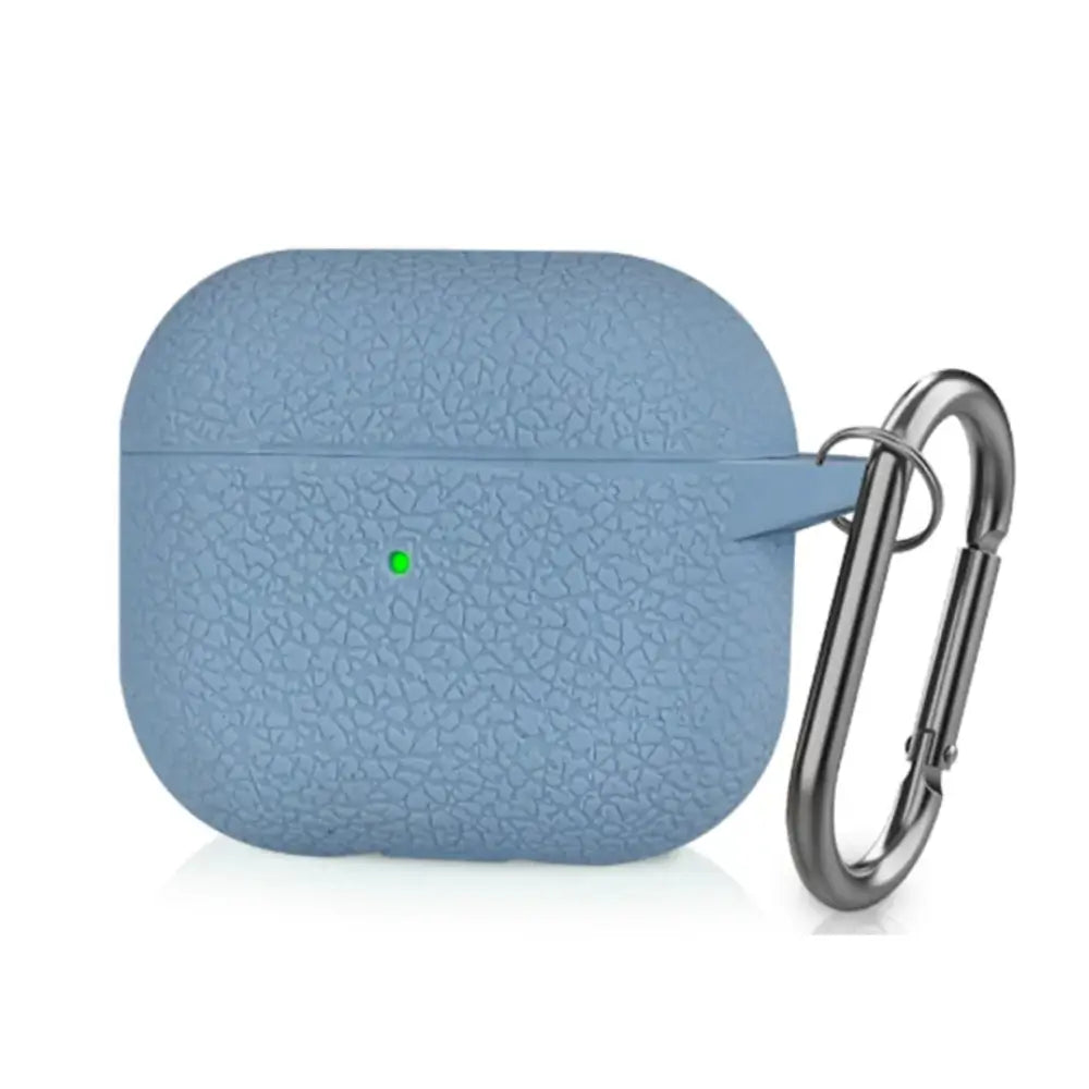 Blue silicone AirPods carabiner case with crackle texture and detachable metal clip, 3/4 view
